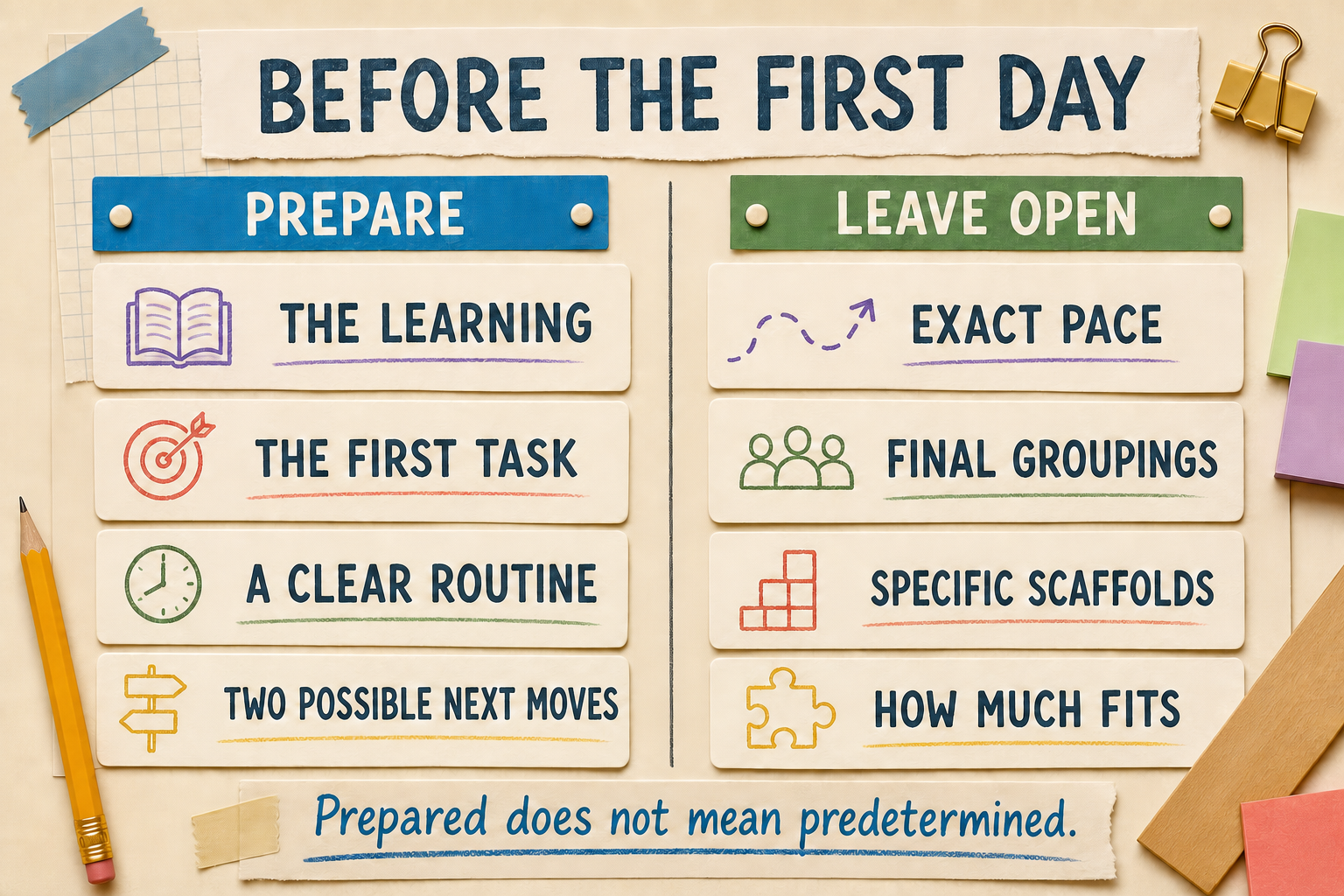 A two-column planning board showing what to prepare before the first day and which decisions to leave open until the class provides evidence.